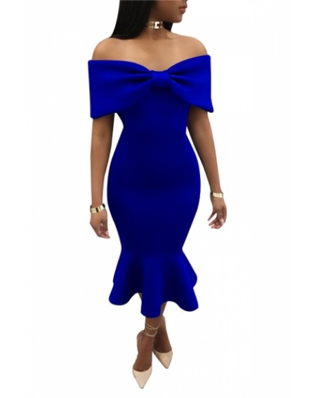 Womens Sexy Off Should Bow Front Ruffle Mermaid Evening Dress Blue