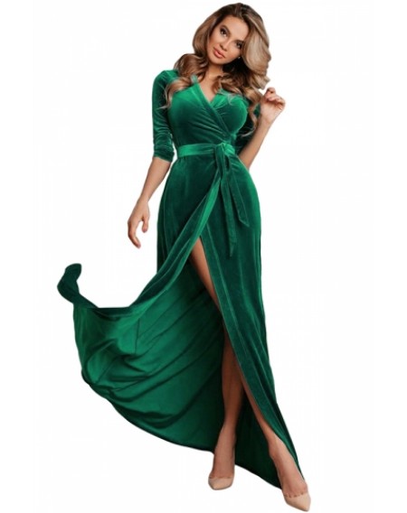 Sexy V Neck Half Sleeve Velvet Waist Tie Plain Wrap Maxi Dress Green