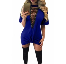 Sexy Lace-Up V Neck Short Sleeve Shirts & Tops Blue Club Dresses