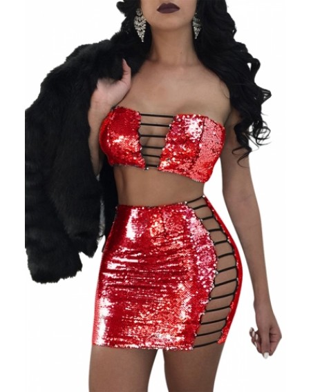 Womens Sexy Two Piece Off Shoulder Cut Out Sequin Clubwear Dress Red
