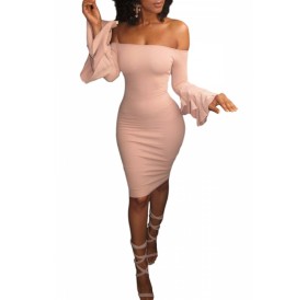 Sexy Bell Sleeve Off Shoulder Bodycon Club Dress Pink