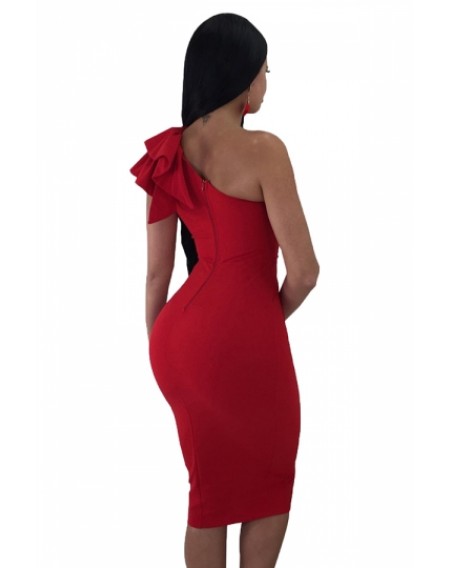 One Shoulder Sleeveless Ruffle Plain Bodycon Clubwear Dress Red