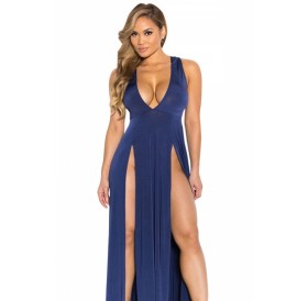 Sexy V Neck Sleeveless High Two Slits Front Maxi Blue Club Dresses