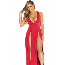 Sexy V Neck Slit Front Sleeveless Maxi Red Club Dresses