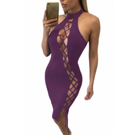 Womens Sexy Lace Up Halter Cut Out Midi Clubwear Dress Purple