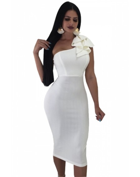 One Shoulder Sleeveless Ruffle Plain Bodycon Clubwear Dress White