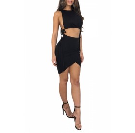 Sexy Sleeveless Side Tie Crop Top Two-Piece Mini Clubwear Dress Black