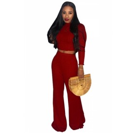 High Neck Long Sleeve Crop Top High Waisted Wide Legs Knitted Suit Ruby