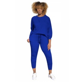 Long Sleeve Loose Top Drawstring Leggings Plain Two Pieces Suits Blue