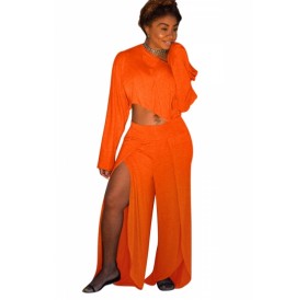 Plus Size Two-Piece Long Sleeve Crop Top Split Pants Set Tangerine