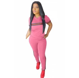 Plus Size Sports Style Two-Piece Striped Tee Pocket Pants Set Pink