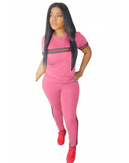 Plus Size Sports Style Two-Piece Striped Tee Pocket Pants Set Pink