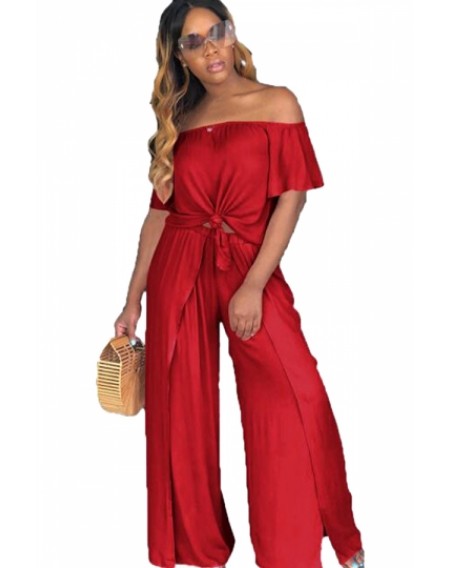 Plus Size Strapless Knot Front Top Wide Leg Pants Two-Piece Set Red