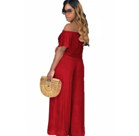 Plus Size Strapless Knot Front Top Wide Leg Pants Two-Piece Set Red