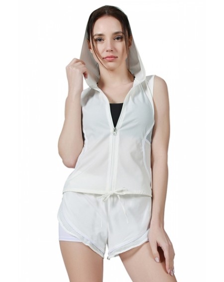 Sports Style Zipper Front Sleeveless Plain Mesh Two-Piece Set White