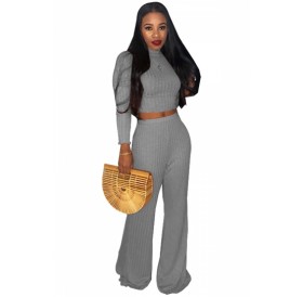 High Neck Long Sleeve Crop Top High Waisted Wide Legs Knitted Suit Gray