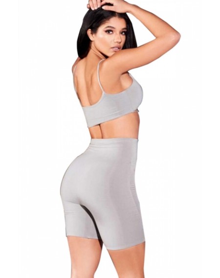 Cut Out Crop Top&High Waisted Shorts Plain Two-Piece Set Gray