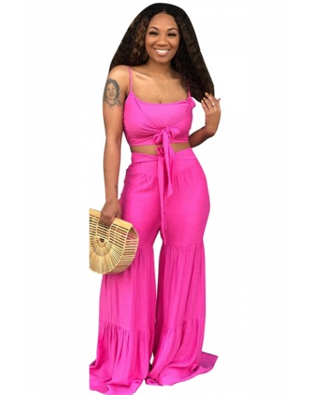 Two-Piece Ruffle Tie Front Crop Top High Waisted Pants Set Rose Red