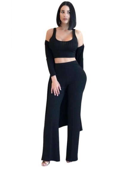 Crop Tank Top&High Waisted Pants With Cardigan Three-Piece Suit Black