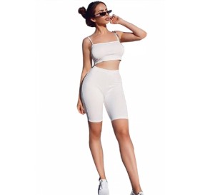 Sleeveless Crop Top&High Waisted Shorts Plain Two-Piece Set White