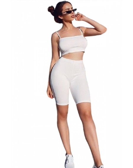 Sleeveless Crop Top&High Waisted Shorts Plain Two-Piece Set White
