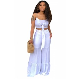 Two-Piece Tie Front Crop Top Ruffle High Waisted Pants Set White