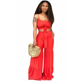 Tie Front Crop Top Ruffle Plain High Waisted Two-Piece Set Red