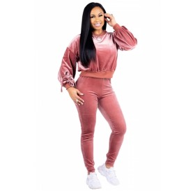 Fashion Long Sleeve Sweatshirt Plain Velvet Two Piece Tracksuit Pink