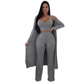 Crop Tank Top&High Waisted Pants With Cardigan Three-Piece Suit Gray