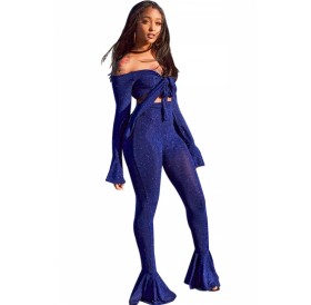 Bell Sleeve Tie Crop Top&High Waisted Flare Pants Two-Piece Set Blue