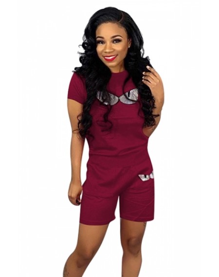 Plus Size Eye Print Sequin Tee Casual Shorts Two-Piece Set Ruby