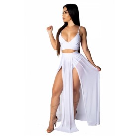 V Neck Crop Top High Waisted Split Maxi Skirt Two-Piece Set White