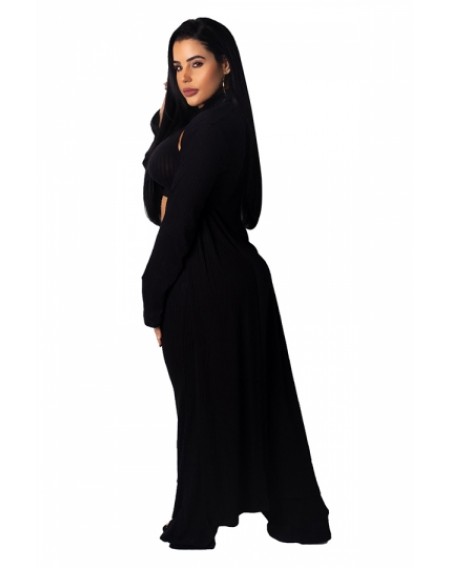 Crop Top&High Waisted Pants With Long Sleeve Coat Three-Piece Set Black