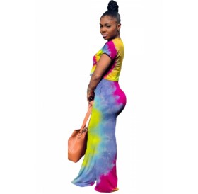 Tie Dye Crop Top High Waisted Wide Leg Pants Two-Piece Set Yellow