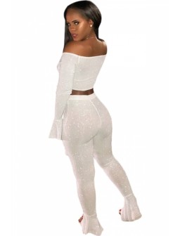 Bell Sleeve Tie Crop Top&High Waisted Flare Pants Two-Piece Set White