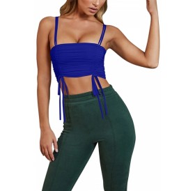 Sexy Plain Cinched Pleated Crop Tank Top Sapphire Blue