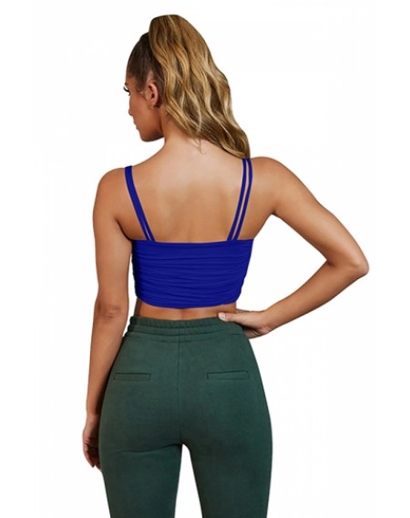Sexy Plain Cinched Pleated Crop Tank Top Sapphire Blue