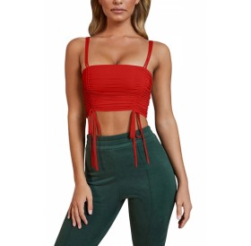 Sexy Plain Cinched Pleated Crop Tank Top Red
