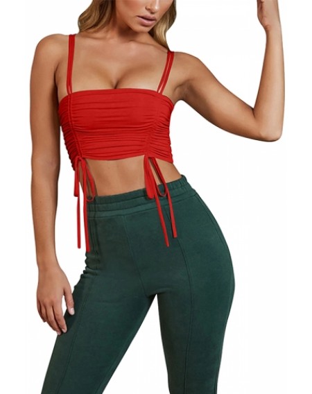 Sexy Plain Cinched Pleated Crop Tank Top Red