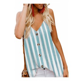 Casual V Neck Button Front Striped Tank Top Blue