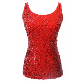 Cheap Red Slimming Ladies Crew Neck Sleeveless Sequined Tank Top