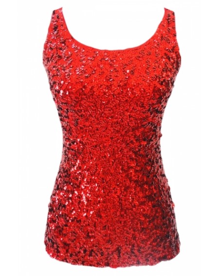 Cheap Red Slimming Ladies Crew Neck Sleeveless Sequined Tank Top