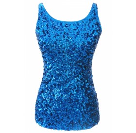 Womens Slimming Crew Neck Sleeveless Sequined Tank Top Blue