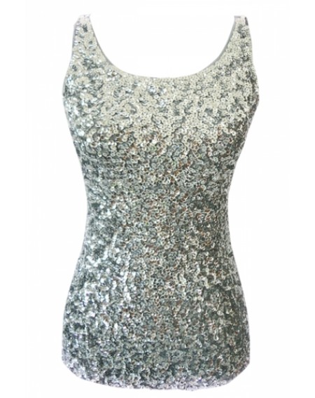 Cheap Silvery Slimming Ladies Crew Neck Sleeveless Sequined Tank Top