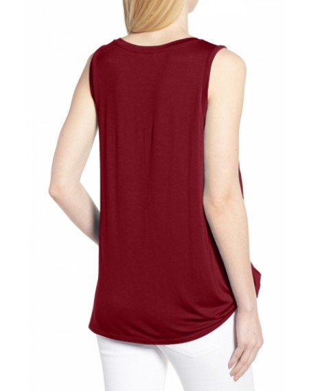 Crew Neck Knot Front Plain Casual Tank Top Ruby