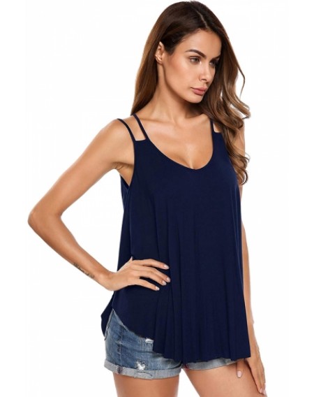 Casual Scoop Neck Plain Cut Out Pleated Loose Tank Top Navy Blue