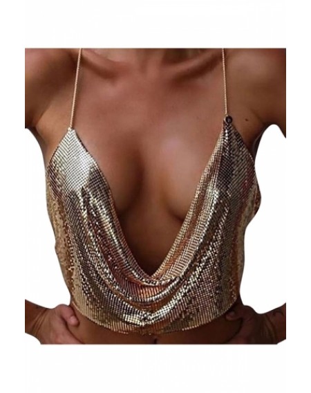 Womens Chain Halter Plunging Neck Backless Sequined Crop Top Gold