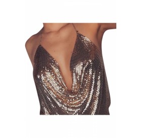 Womens Chain Plunging Neck Backless Sequined Crop Top Dark Purple