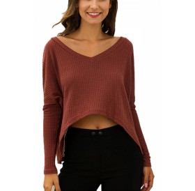 Long Sleeve High Low V Neck Crop Top Coral
