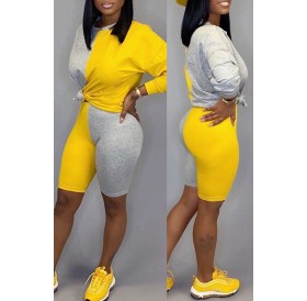 Lovely Trendy Color-lump Patchwork Yellow Two-piece Shorts Set
